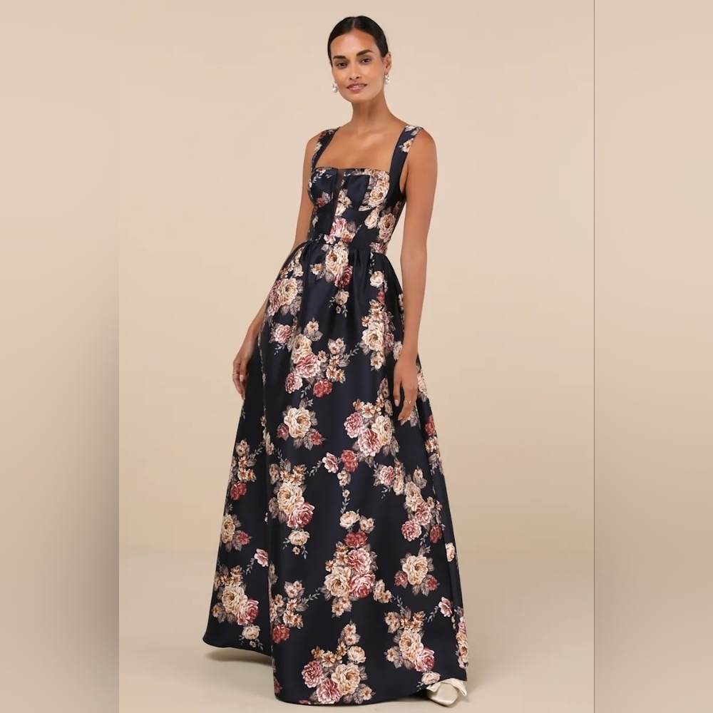 Lulus Elegant Pick Navy Blue Floral Sleeveless Bustier Maxi Dress S Wedding Prom - Picture 2 of 10